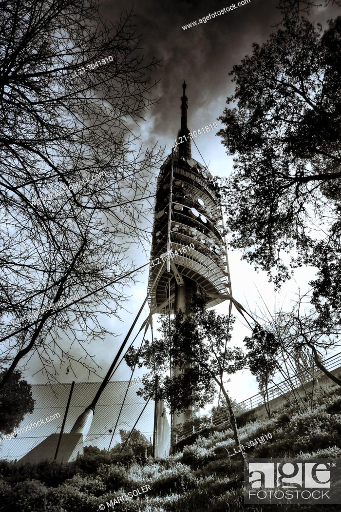 Stock Photo: Telecommunications tower designed by Norman Foster architect. Collserola park, Barcelona, Catalonia, Spain.