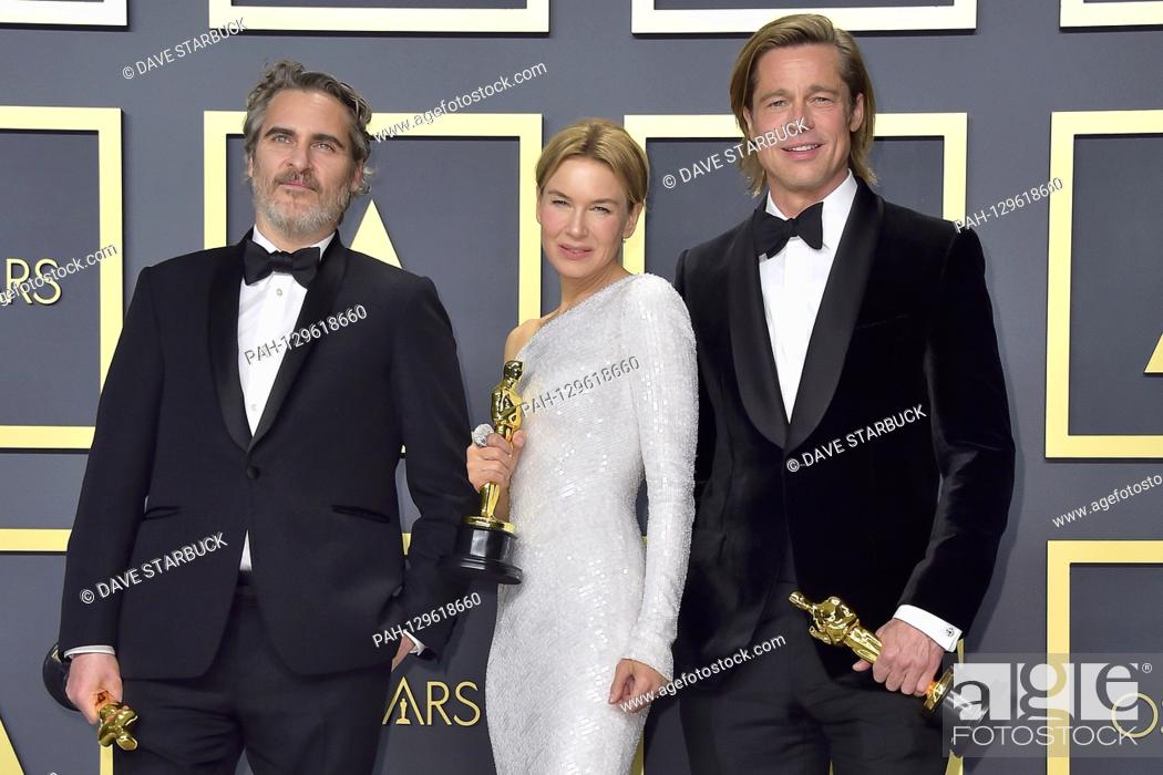 Photo de stock: Joaquin Phoenix (Best Actor in 'Joker'), Renee Zellweger (Best Actor in 'Judy') and Brad Pitt (Best Supporting Actor in 'Once Upon a Time in Hollywood') in the.