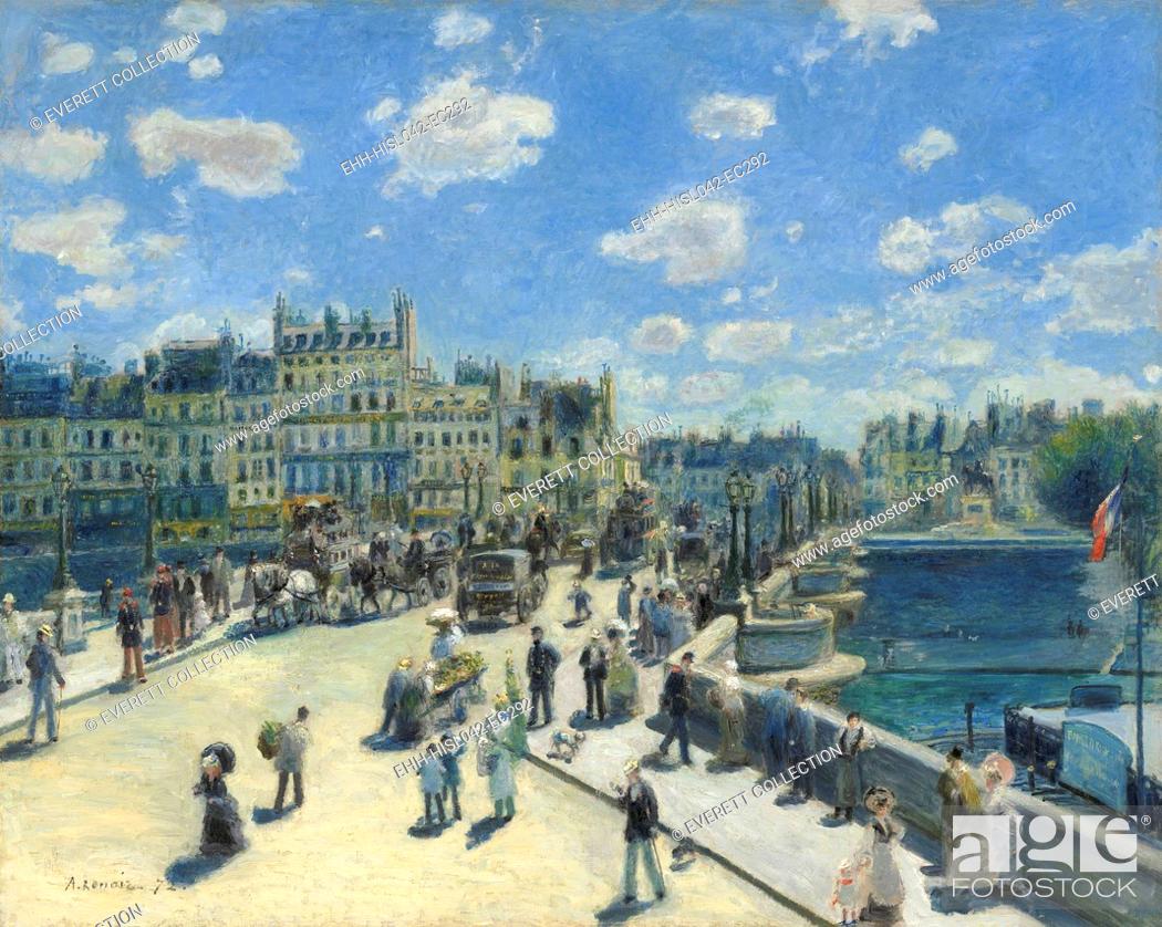 Stock Photo: Pont Neuf, Paris, by Auguste Renoir, 1872, French impressionist painting, oil on canvas. Renoir's brother Edmond, in a straw boater and carrying the.