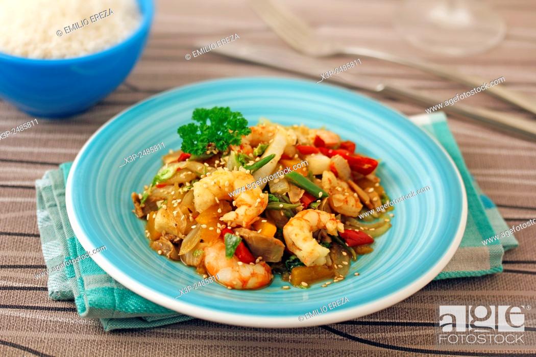 Stock Photo: Chinese cabbage with prawns made with wok.