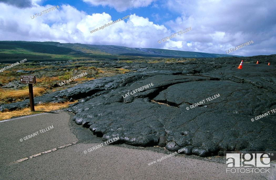 Stock Photo: The Lae Apuki trail route in the Hawaii Volcanoes national park is a road through the laval fields, which has been overwhelmed by a tide of lava.