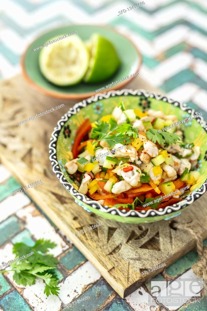 Stock Photo: Ceviche with prawns and vegetables.