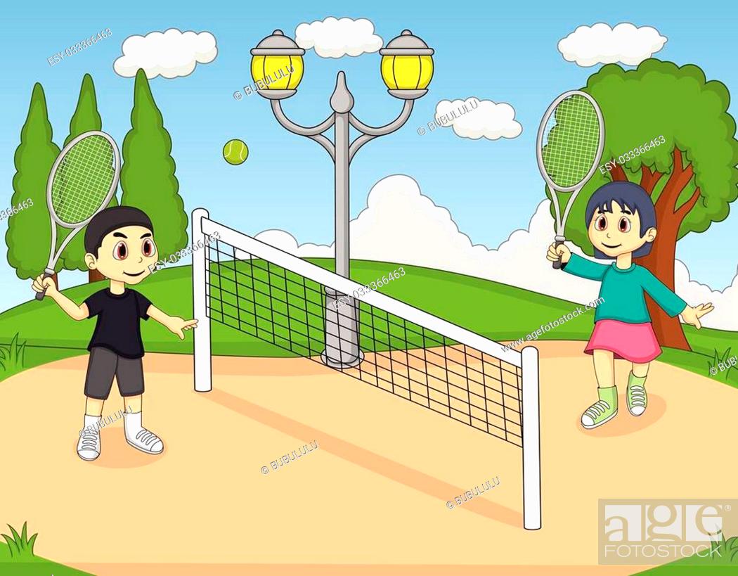 Children playing tennis in the park cartoon, Stock Vector, Vector And Low  Budget Royalty Free Image. Pic. ESY-033366463 | agefotostock