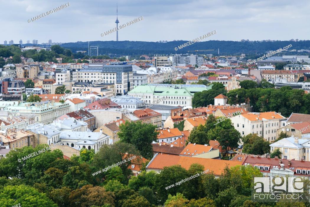 Stock Photo: View of the old Vilnius from Gediminas Tower. Vilnius, Vilnius County, Lithuania, Baltic states, Europe.