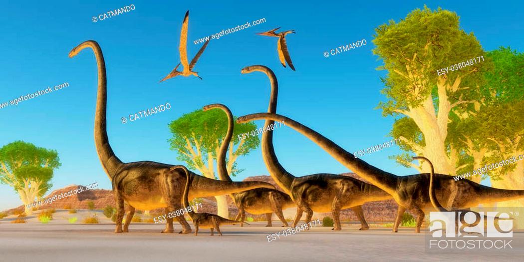 Stock Photo: Two Pteranodon reptile birds fly over a herd of Omeisaurus dinosaurs traveling through a Jurassic forest.