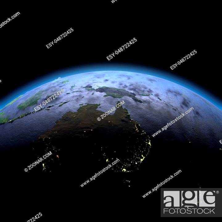Stock Photo: Australia in the dark at dawn. 3D illustration with detailed planet surface, atmosphere and visible city lights. Elements of this image furnished by NASA.