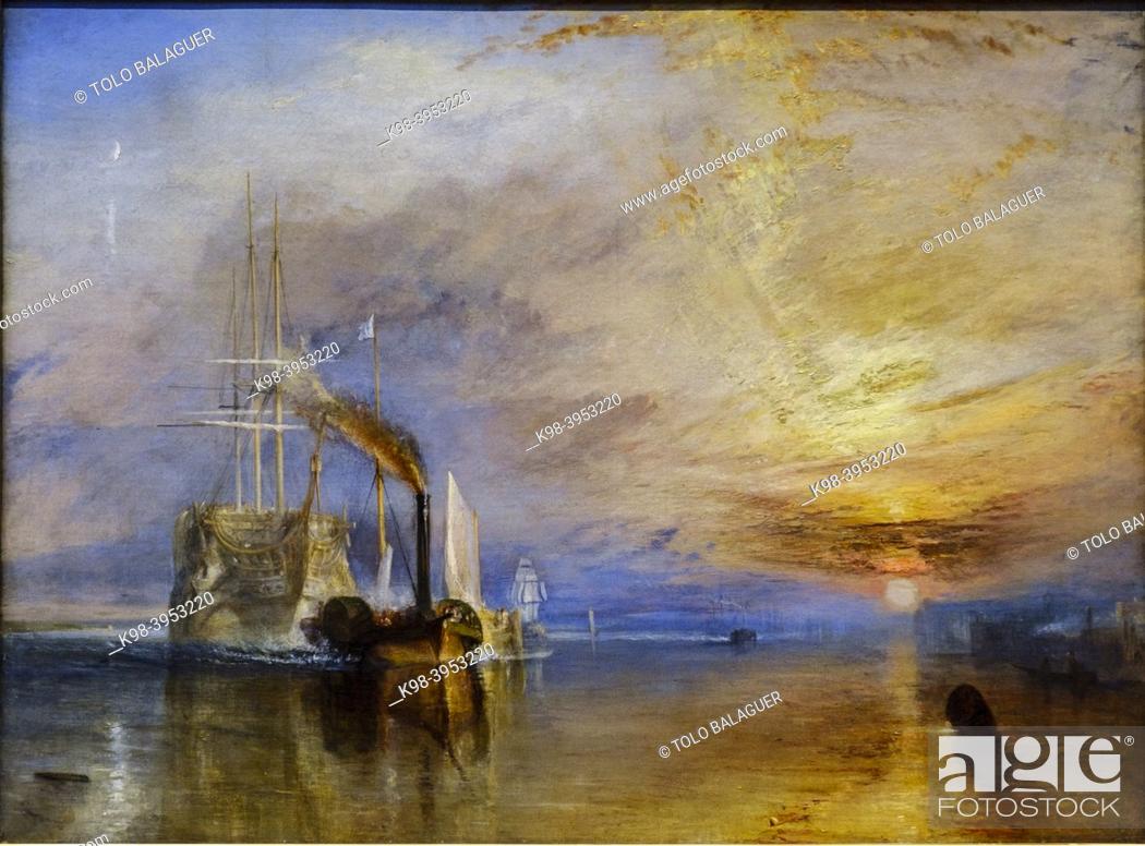 Stock Photo: The Fighting Temeraire towed to the last berth of her to be broken up, Joseph Mallord William Turner, 1839, oil on canvas,.