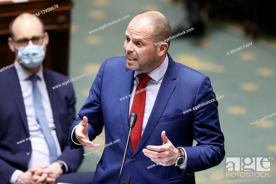Stock Photo: N-VA's Theo Francken pictured during a plenary session of the Chamber at the Federal Parliament in Brussels, Thursday 24 February 2022.
