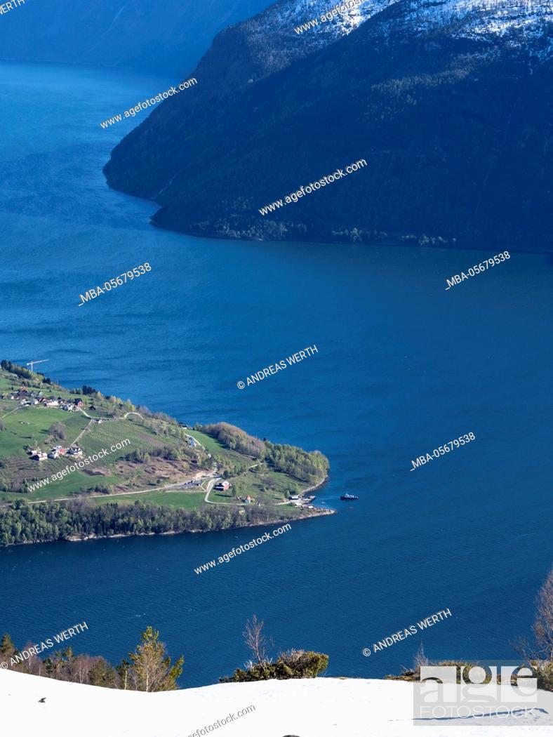 Stock Photo: View from mount Molden, over the Lustrafjord, inner branch of Sognefjord, tongue of land of Urnes, Norways oldest stave church.
