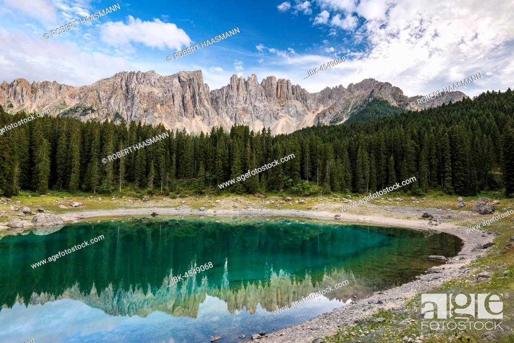 Stock Photo: Karersee, Lago di Carezza, in front of Latemar Mountains, Dolomites, South Tyrol, Italy.