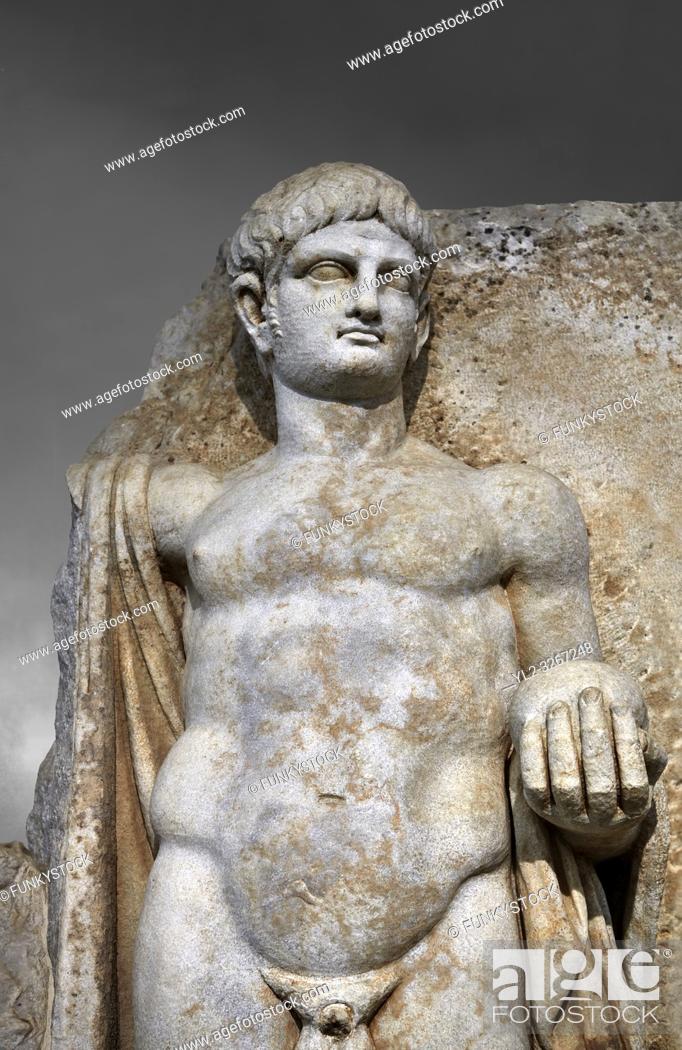 Stock Photo: Detail of a Roman Sebasteion relief sculpture of Emperor Nero with captive, Aphrodisias Museum, Aphrodisias, Turkey. Against a grey background. .