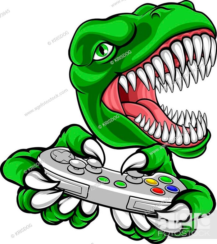 A dinosaur T Rex or raptor gamer player cartoon animal sports mascot  holding a video game controller..., Foto de Stock, Vector Low Budget  Royalty Free. Pic. ESY-059873845 | agefotostock