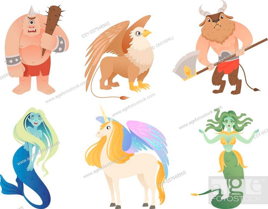 Mythical creatures. Flying lion cyclop minotaur pegasus griffin centaur vector  cartoon characters, Stock Vector, Vector And Low Budget Royalty Free Image.  Pic. ESY-057948965 | agefotostock