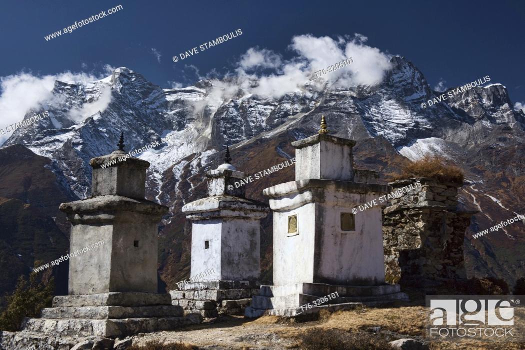 Stock Photo: Stone chortens and high mountains, Everest region, Khumbu, Nepal.