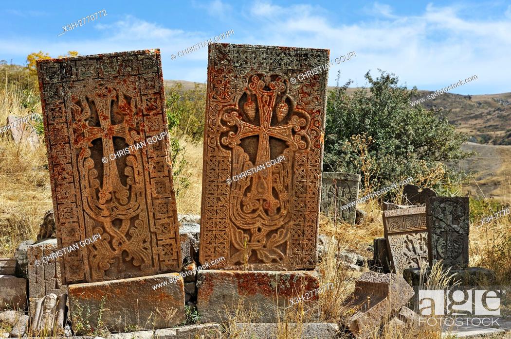 Stock Photo: khachkars at Tsakhats Kar Monastery, Yeghegnadzor, Vayots Dzor province, Armenia, Eurasia.