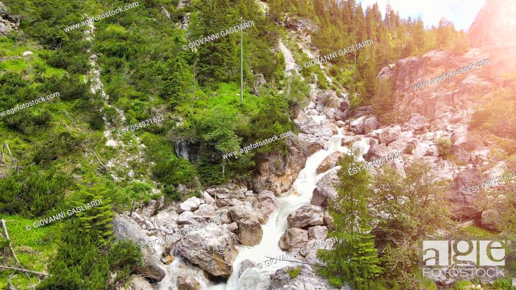 Stock Photo: Beautiful mountain waterfalls as seen from a drone, alpin landscape.