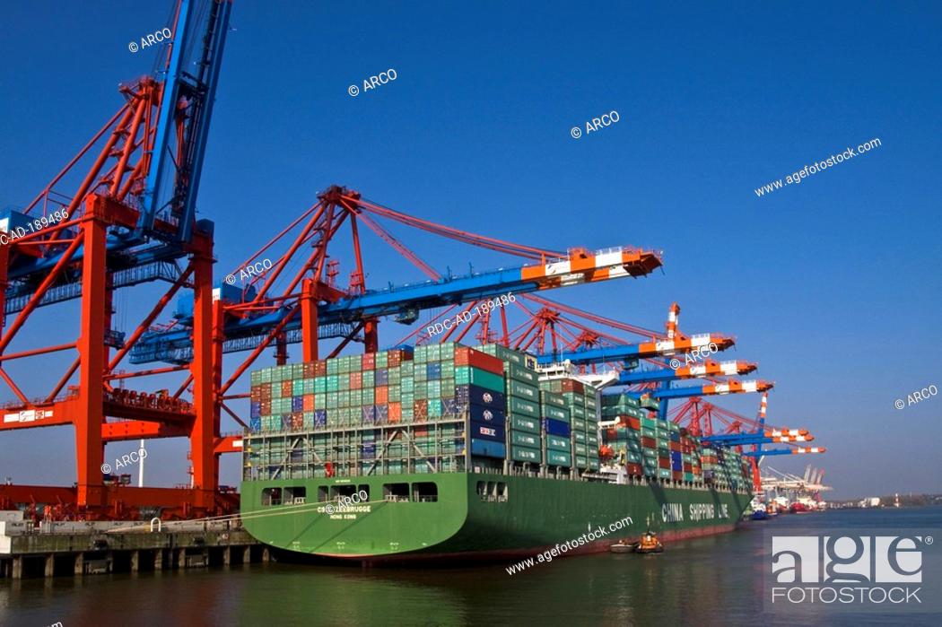 Stock Photo: Container ship and cranes, container terminal Eurokai, harbour of Hamburg, Germany, China shipping line.