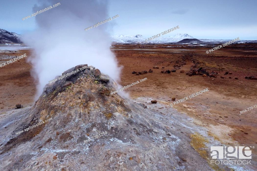 Stock Photo: Steam vent at Namaskard geothermal area Namafjall-Hverarond, Mount Burfell, 935m, behind, near Lake Myvatn and Reykjahlid, North Iceland, Iceland, Polar Regions.