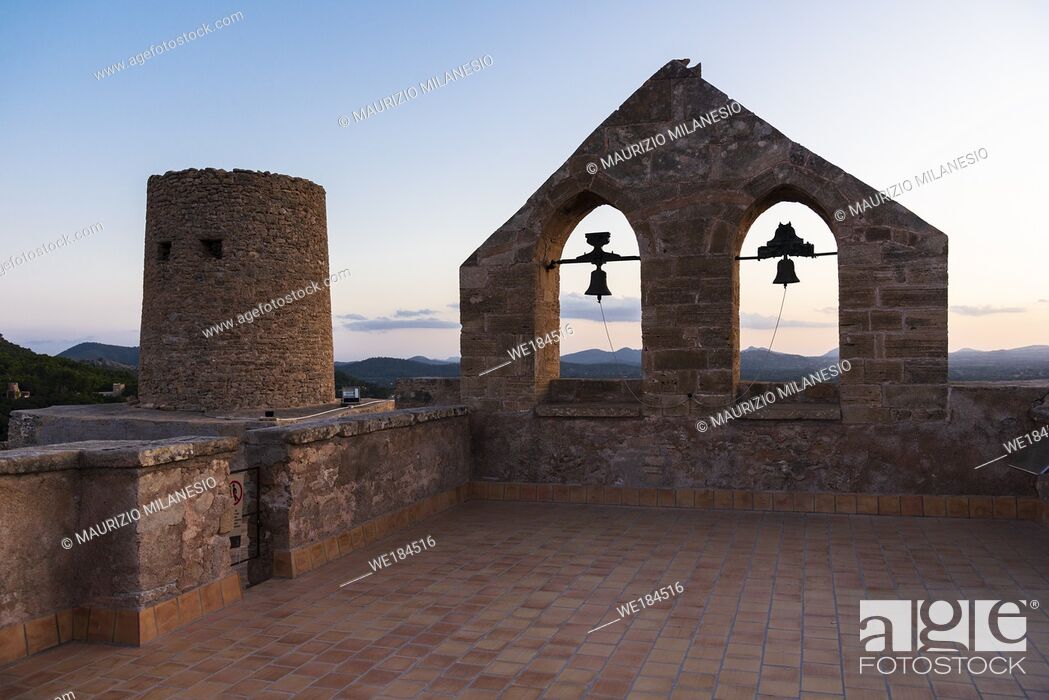 Stock Photo: Capdepera, Mallorca, Spain, August 14 2019: sunset bell tower of the castle of Capdepera, Majorca.