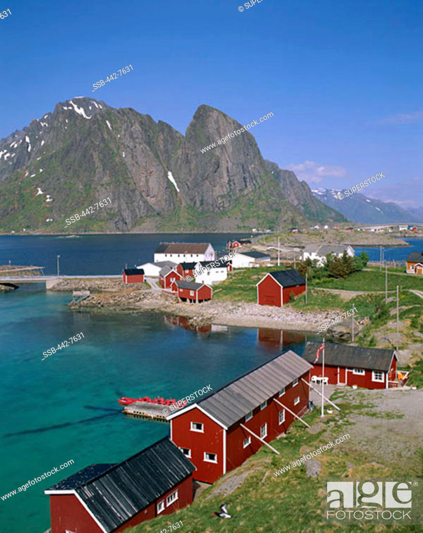 Stock Photo: Town View with Fisherman's Cabins (Rorbus), Sakrisoy, Lofoten Islands, Norway.