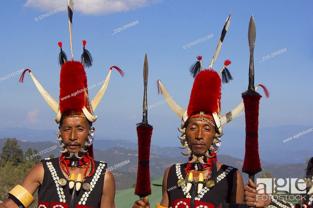 Stock Photo: Yimchunger Tribe men at Hornbill Festival, Kisama, Nagaland, India.
