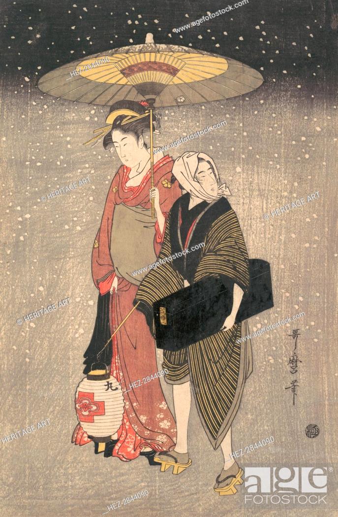 Stock Photo: Geisha Walking through the Snow at Night, ca. 1797. Creator: Kitagawa Utamaro.