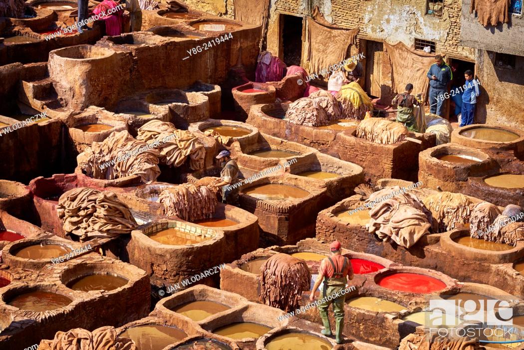 Stock Photo: Traditional leather Chouwara Tannery, Fez, Morocco, Africa.