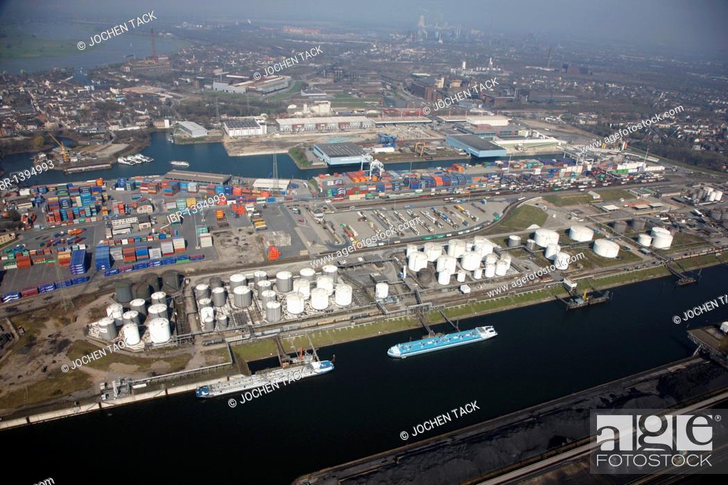 Stock Photo: Duisport, port and logistics center, Ruhrort inland port on the Rhine river, largest inland port in the world, DeCeTe container terminal.