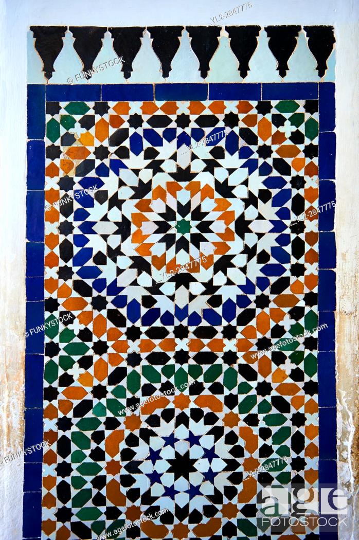 Stock Photo: Zellige Tile decorative panels. The Petite Court, Bahia Palace, Marrakesh, Morroco.