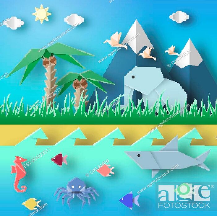 Paper Origami Abstract Concept, Applique Scene with Cut Elephants, Birds,  Underwater Life, Stock Vector, Vector And Low Budget Royalty Free Image.  Pic. ESY-056023511 | agefotostock