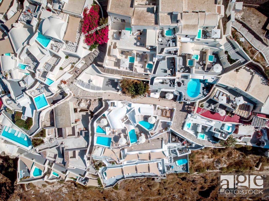 Molesto Entrada Guión Drone view over Santorini, aerial view over the whitewashed village of Oia  with luxury vacation..., Foto de Stock, Imagen Derechos Protegidos Pic.  ZON-15988818 | agefotostock