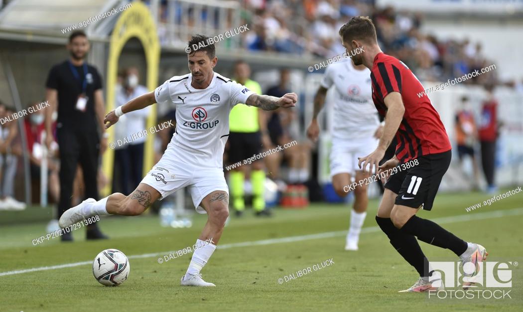 Stock Photo: From left Milan Petrzela of Slovacko and Connor Ruane of Lokomotiv in action during the UEFA Europa Conference League, 2nd round return match: FC Slovacko vs.