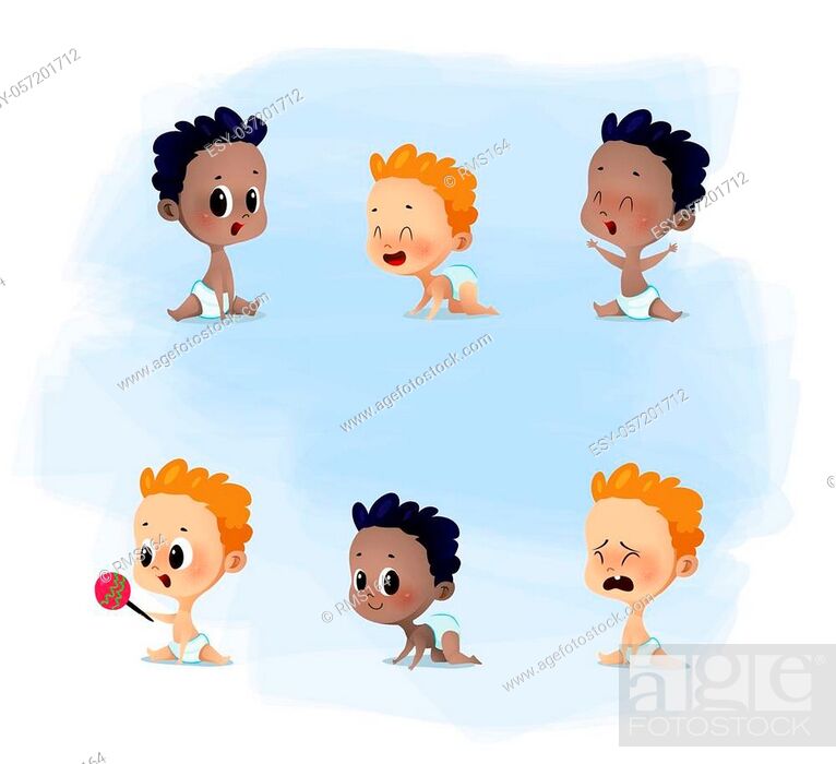 Cartoon set with cute little babies in diaper. Happy toddler plays with  toy, crying, sits, Stock Vector, Vector And Low Budget Royalty Free Image.  Pic. ESY-057201712 | agefotostock