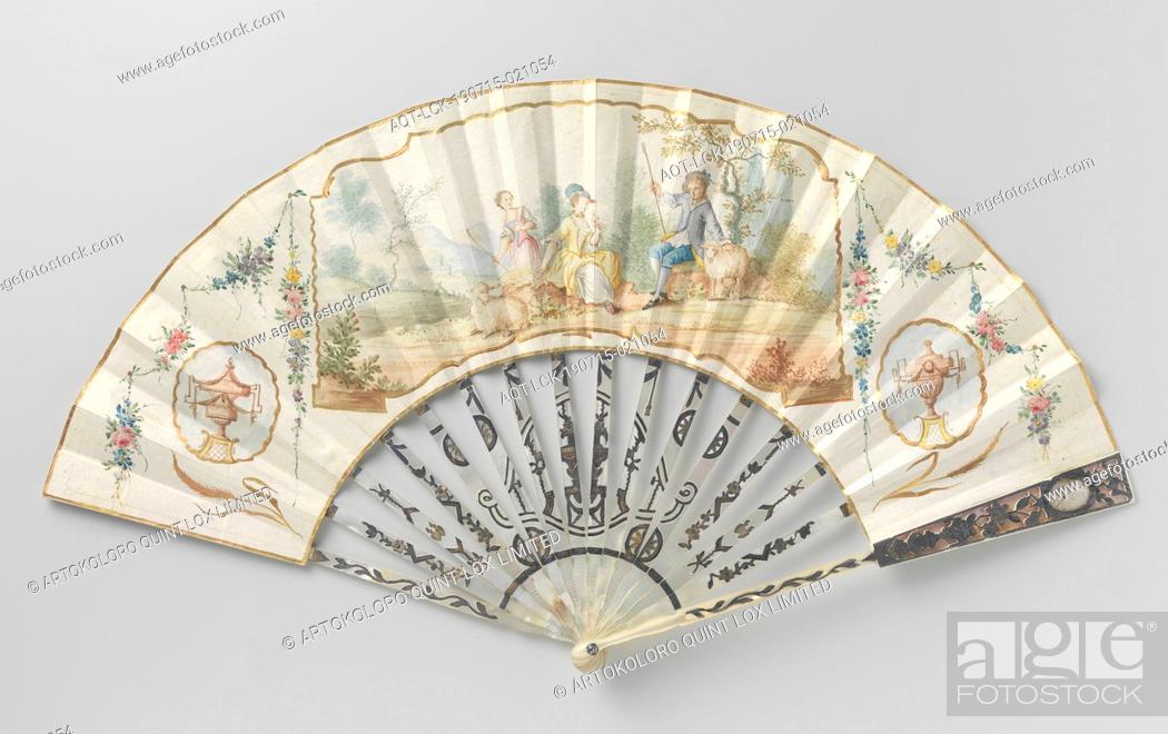 Stock Photo: Folding fan with thin leather leaf on which a pastoral scene has been painted with watercolor, on a frame of mother-of-pearl lace and embossed with 'métal and.