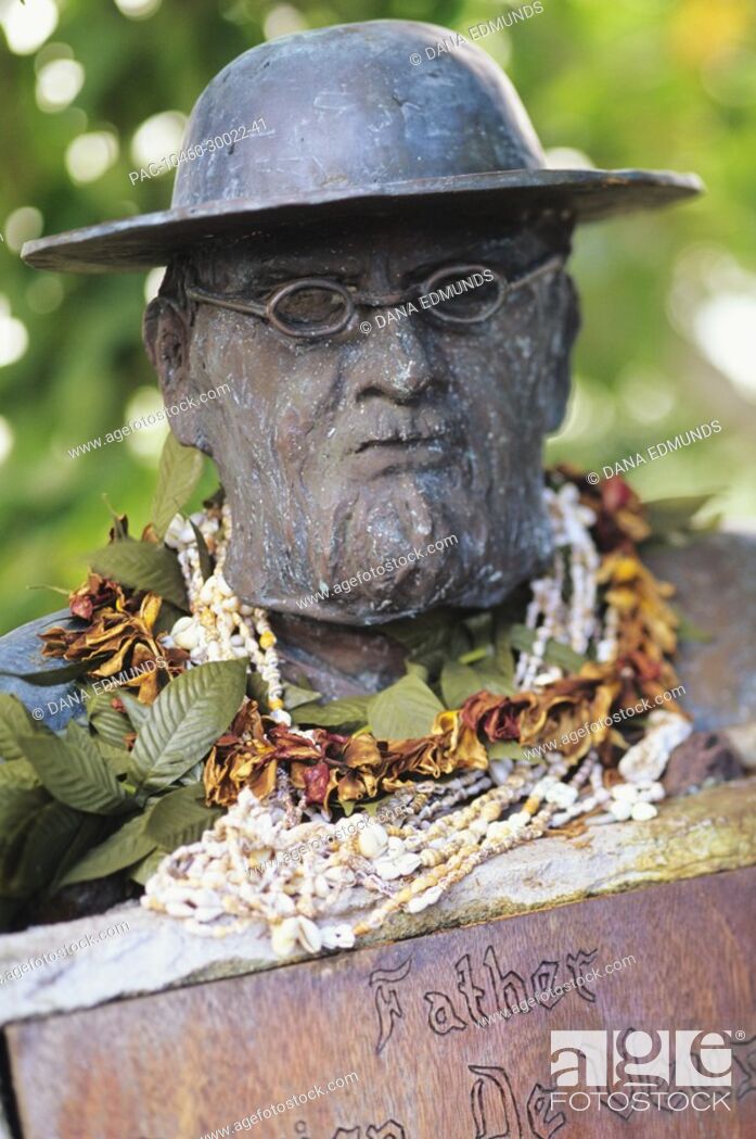 Stock Photo: Hawaii, Molokai, Kalaupapa, Close-up statue, bust of Father Damien with lei.