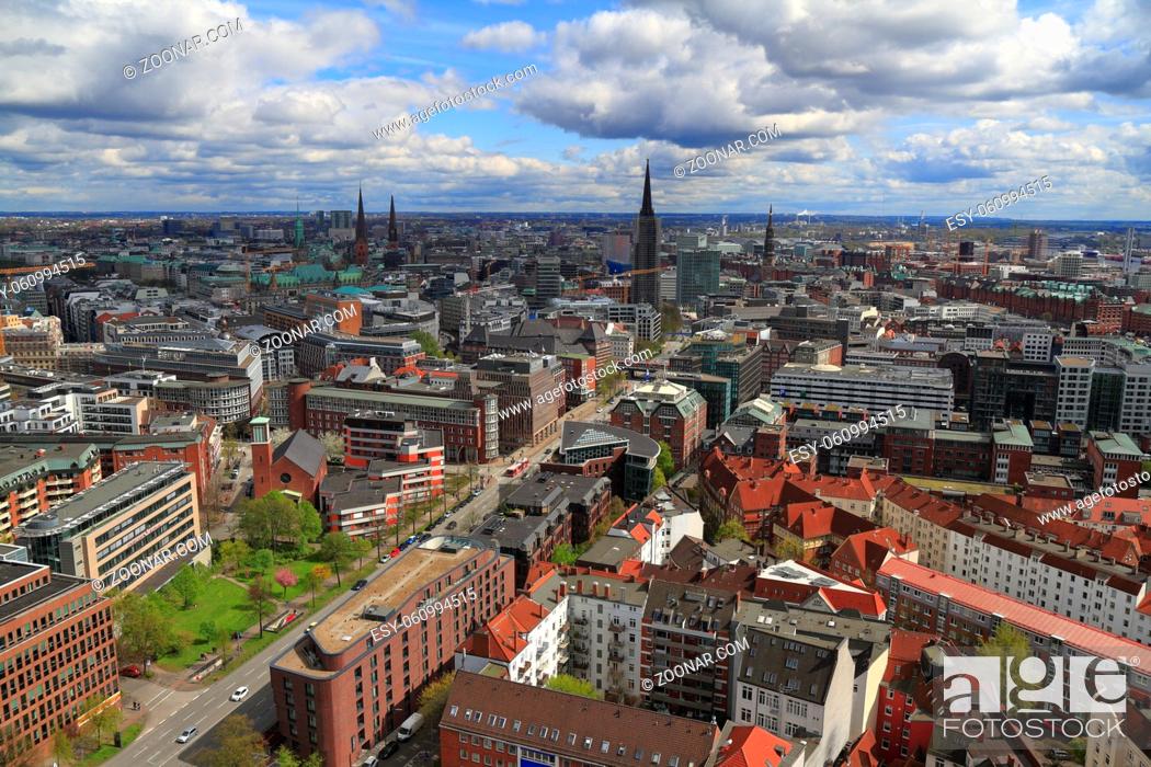 Stock Photo: Aerial view of the skyline of Hamburg, Germany.