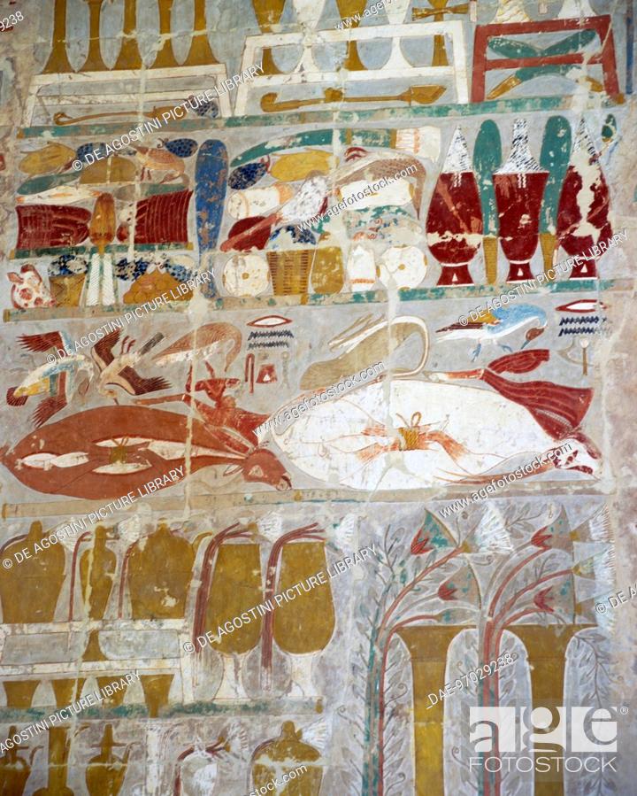 Stock Photo: Provisions and pottery offered to the gods by Queen Hatshepsut, detail of painted relief, Chapel of Anubis, Mortuary Temple of Queen Hatshepsut.