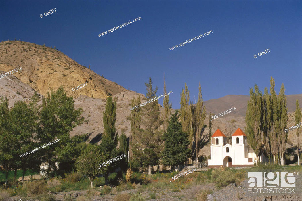 Stock Photo: Argentina, Andes, Quebrada de Huamahuaca, close to Purmamarca, highland, settlement, chapel South America, Latin America, North Argentina, mountains, place.
