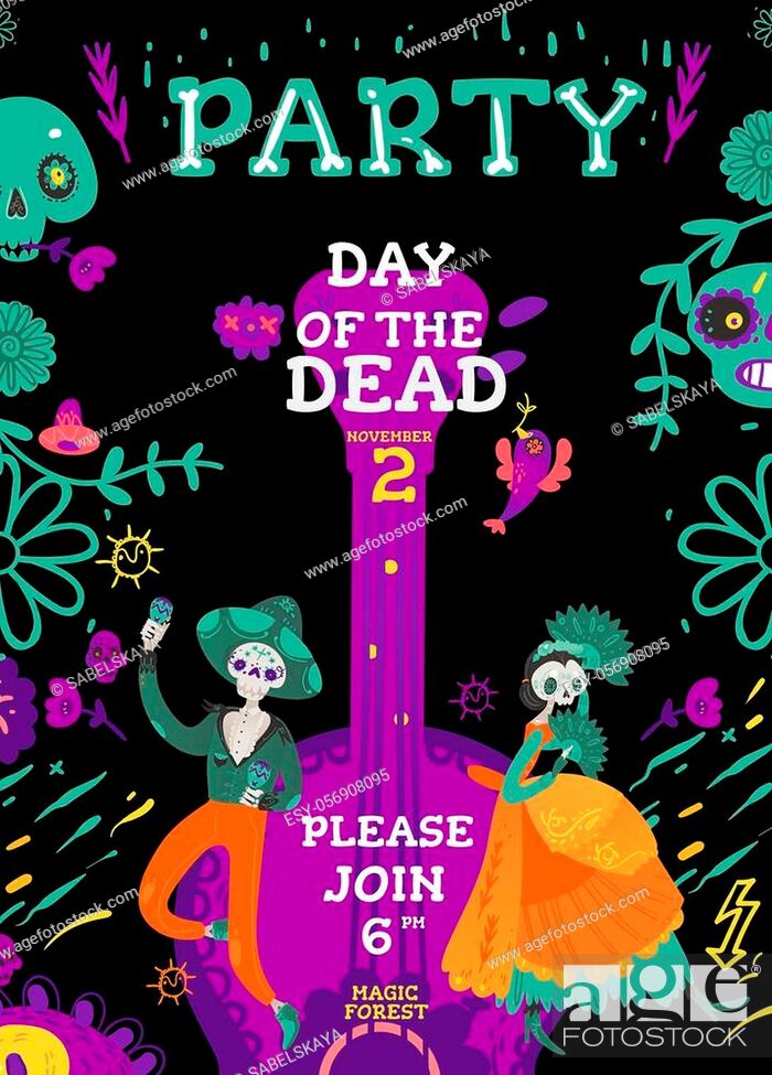 Day of the Dead party colorful invitation card with skeletons man and woman cartoon  characters..., Stock Vector, Vector And Low Budget Royalty Free Image. Pic.  ESY-056908095 | agefotostock