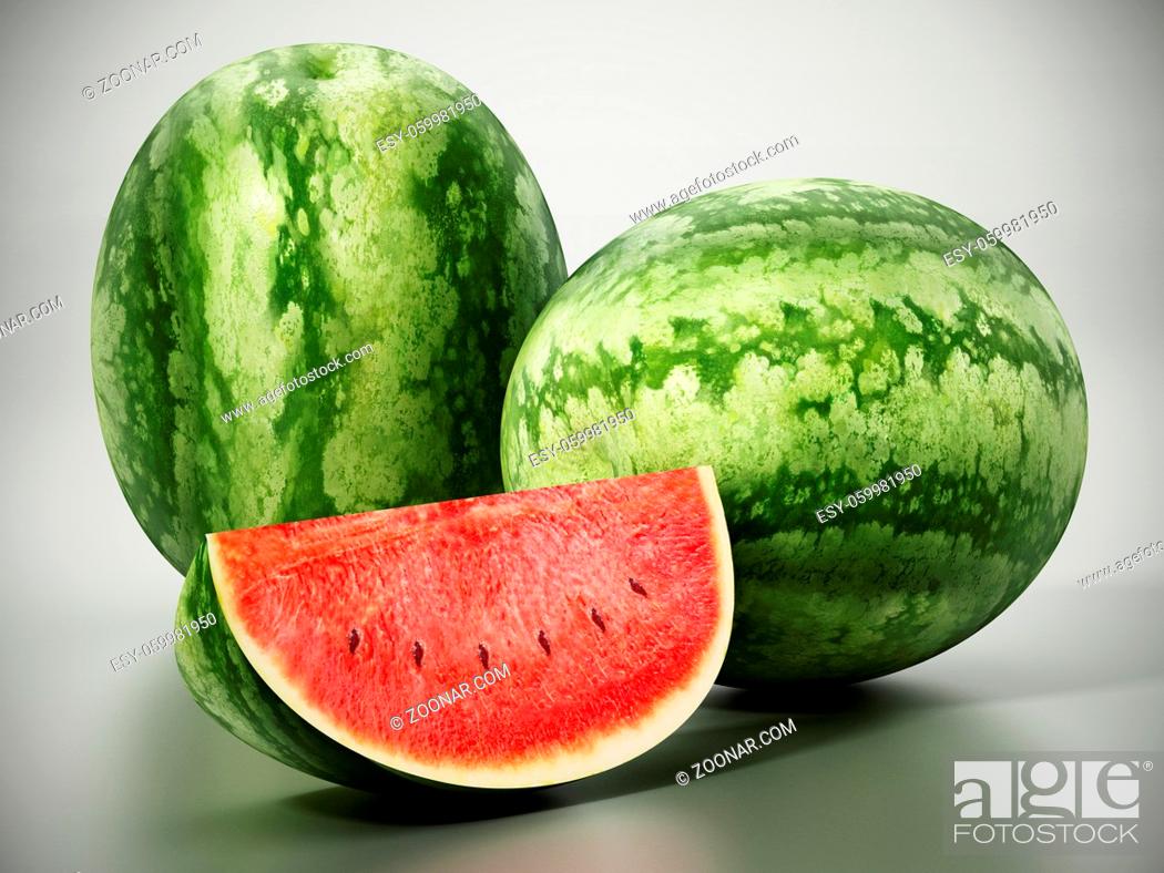 Stock Photo: Fresh watermelons and one watermelon slice. 3D illustration.