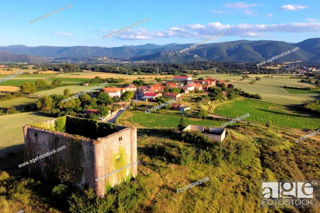 Stock Photo: Aerial view of Medieval tower in Lomana village, Burgos province, Castilla y Leon, Spain .
