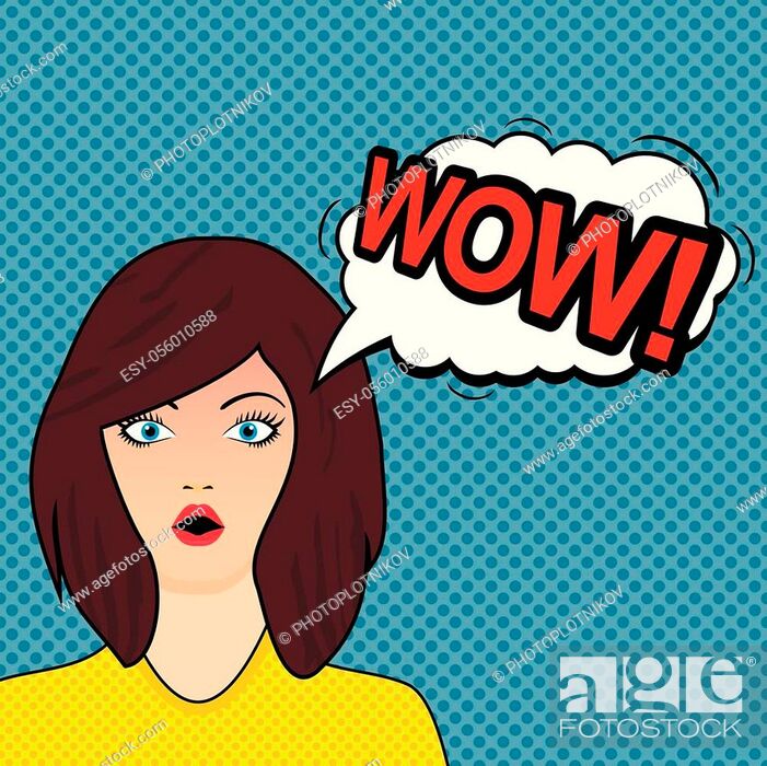 WOW bubble pop art, surprised woman face with open mouth on a blue vintage  background, Stock Vector, Vector And Low Budget Royalty Free Image. Pic.  ESY-056010588 | agefotostock