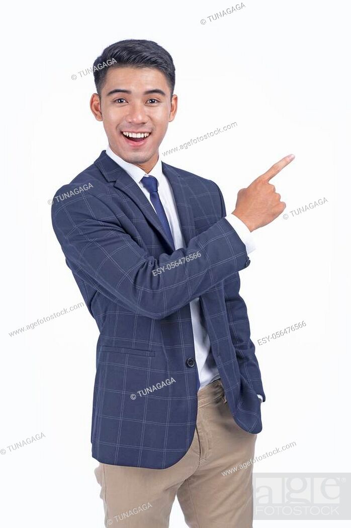Stock Photo: Asian young handsome business man with hand showing, isolated on white background with copy space.