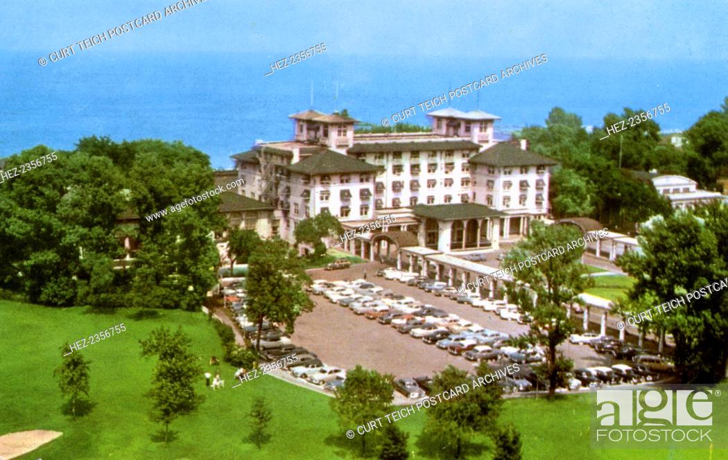 Stock Photo: South Shore Country Club, Chicago, Illinois, USA, 1956. Postcard showing the exterior of the South Shore Country Club on Lake Michigan.