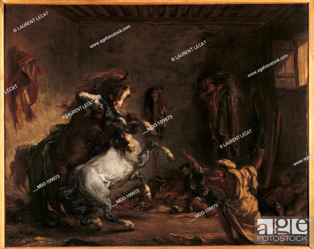 Arab Horses Fighting in a Stable art Excellent Oil painting Delacroix Eugene 