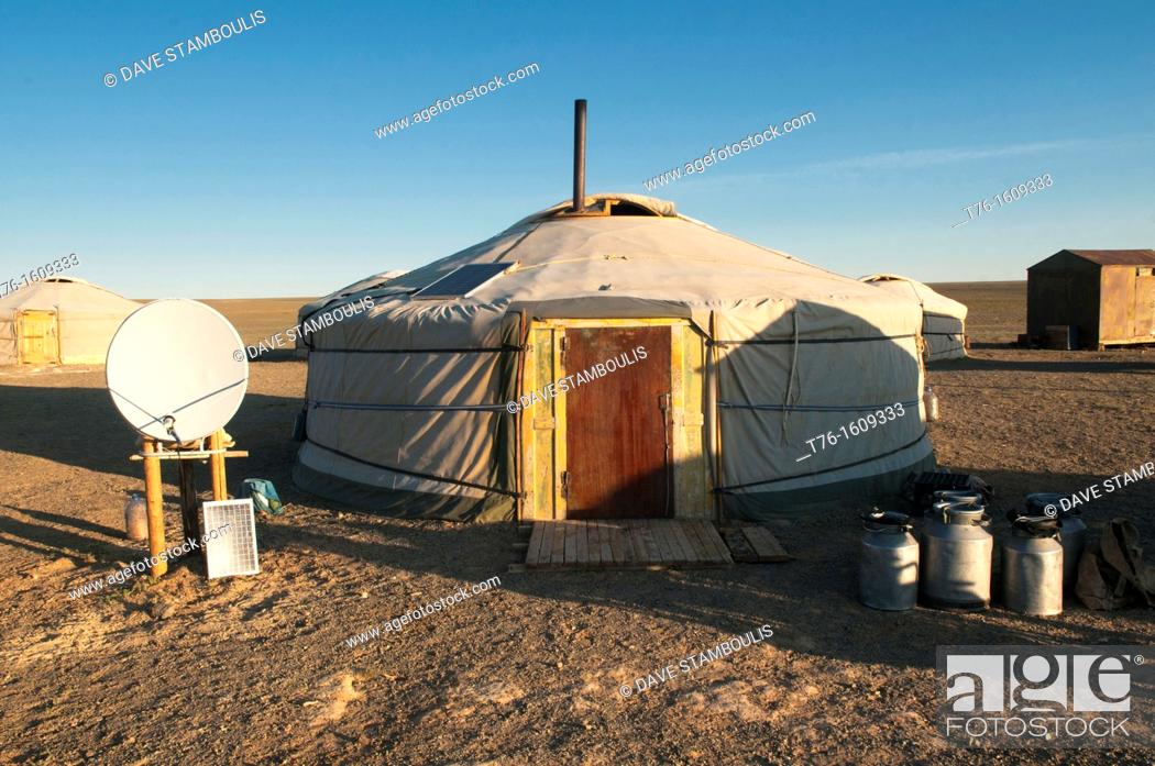 Stock Photo: nomadic gers at sunrise in the Gobi Desert of Mongolia.