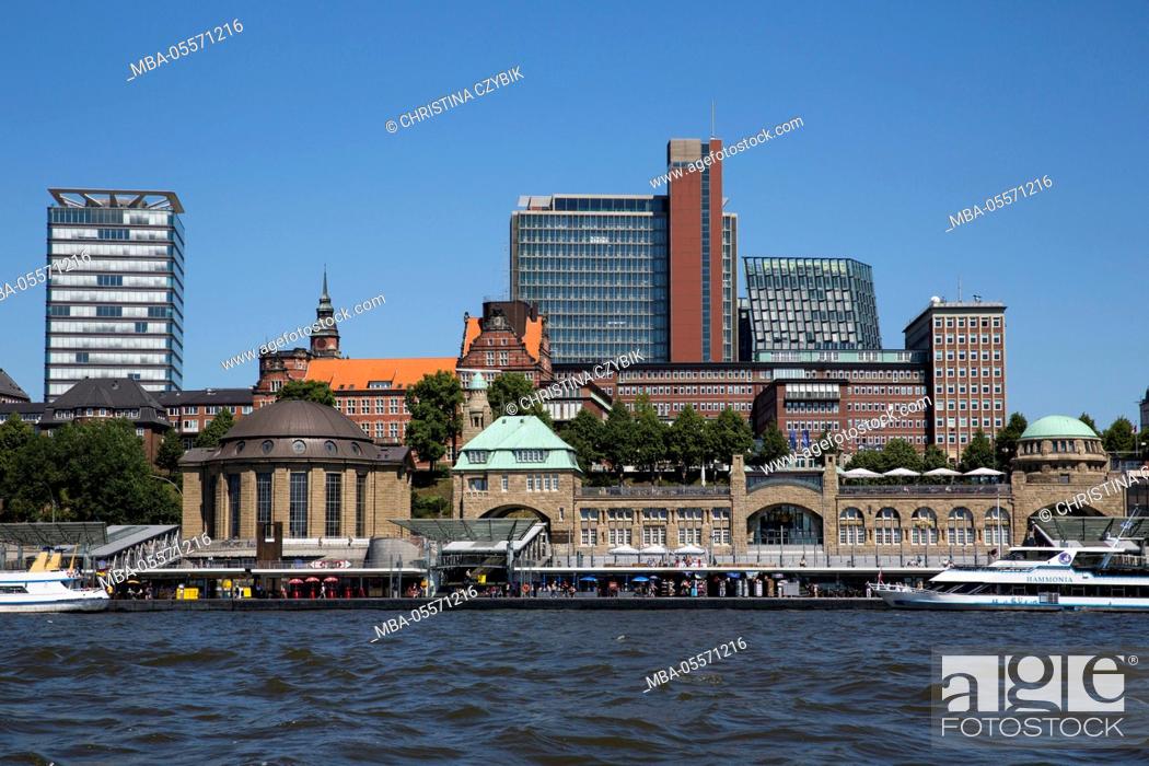 Stock Photo: Harbour tour in Hamburg: View on St Pauli landing stages with Dancing Towers.