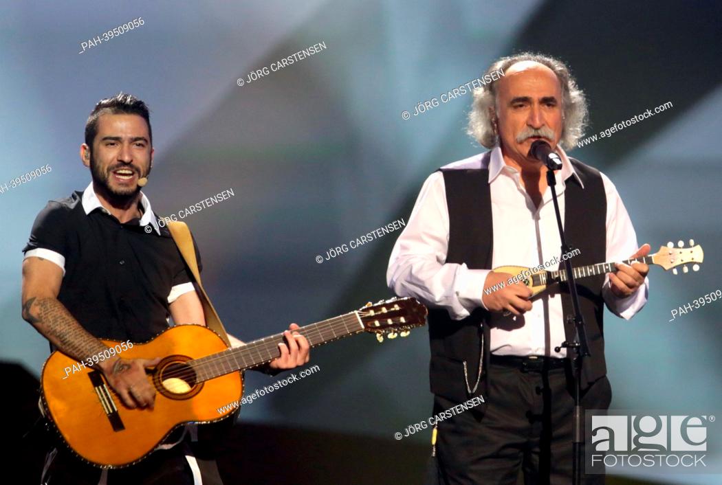 Stock Photo: Koza Mostra & Agathonas Iakovidis .representing Greece performing during the dress rehearsal of the 2nd Semi Final for the Eurovision Song Contest 2013 in Malmo.