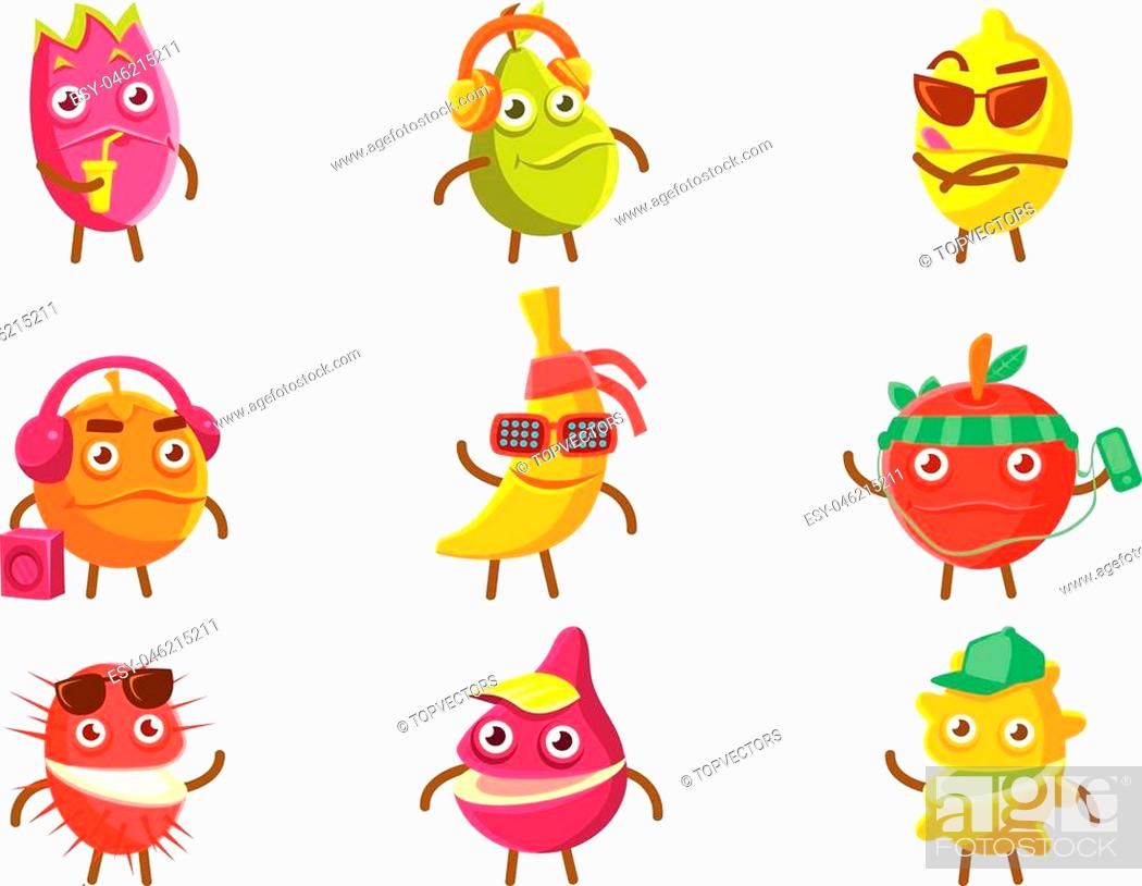 Tropical Fruit Cool Cartoon Characters On Vacation Set Of Colorful Stickers  With Humanized Food..., Stock Vector, Vector And Low Budget Royalty Free  Image. Pic. ESY-046215211 | agefotostock