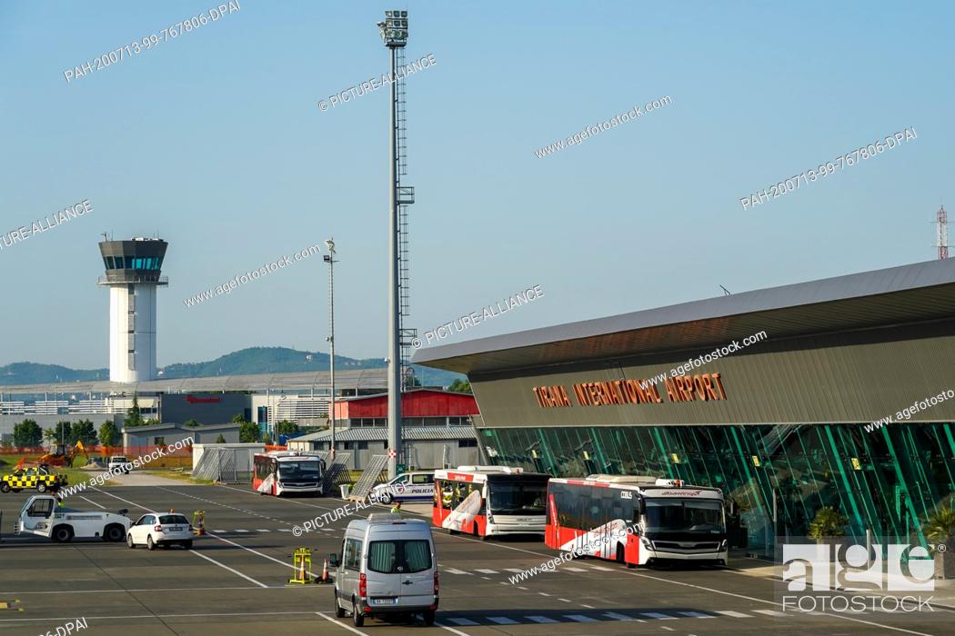 Stock Photo: 03 July 2020, Albania, Kruja: +++Minimum fee 10, - Euro+++The apron of the airport ""Tirana International Airport Nënë Tereza"" (TIA) near Tirana.